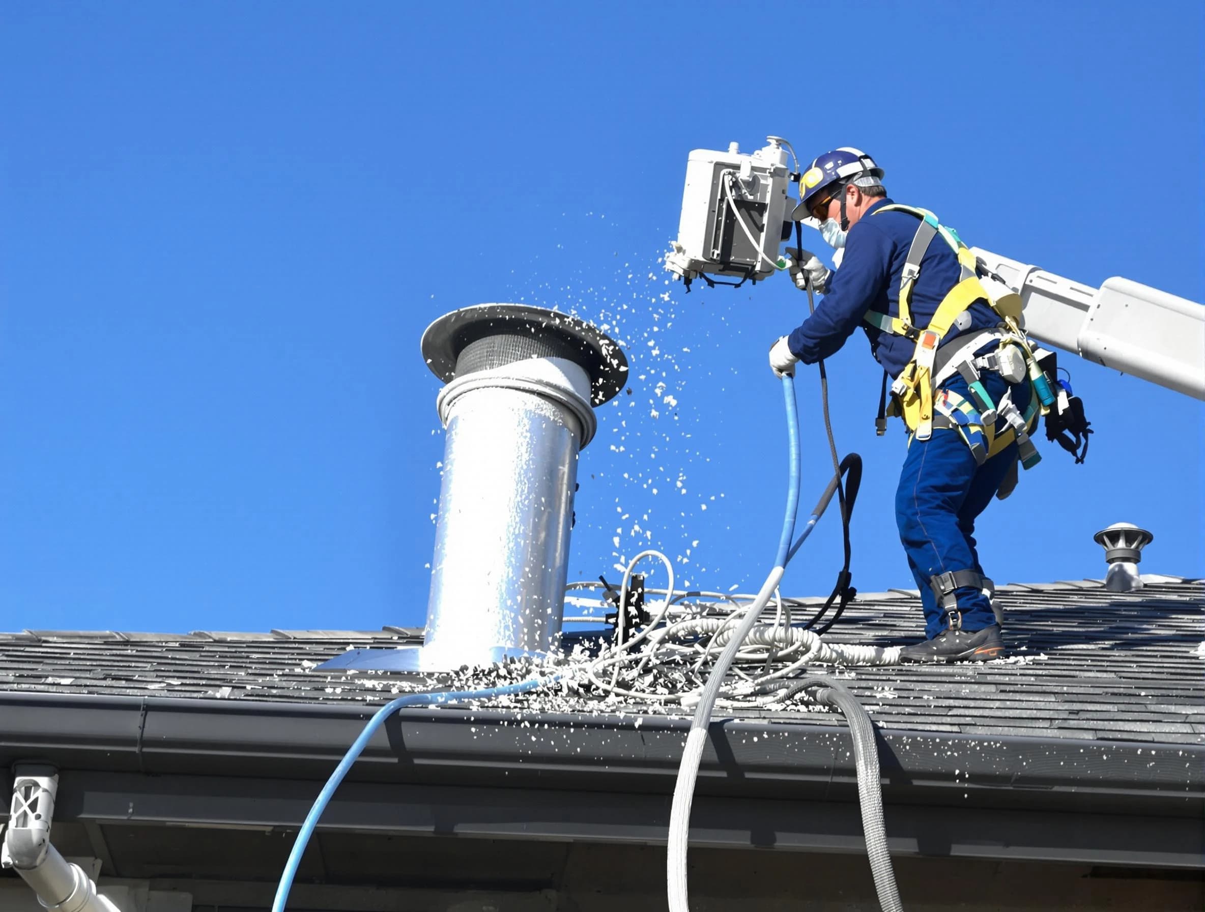 Superior Dryer Vent Cleaning certified technician safely cleaning a roof-mounted dryer vent in Superior