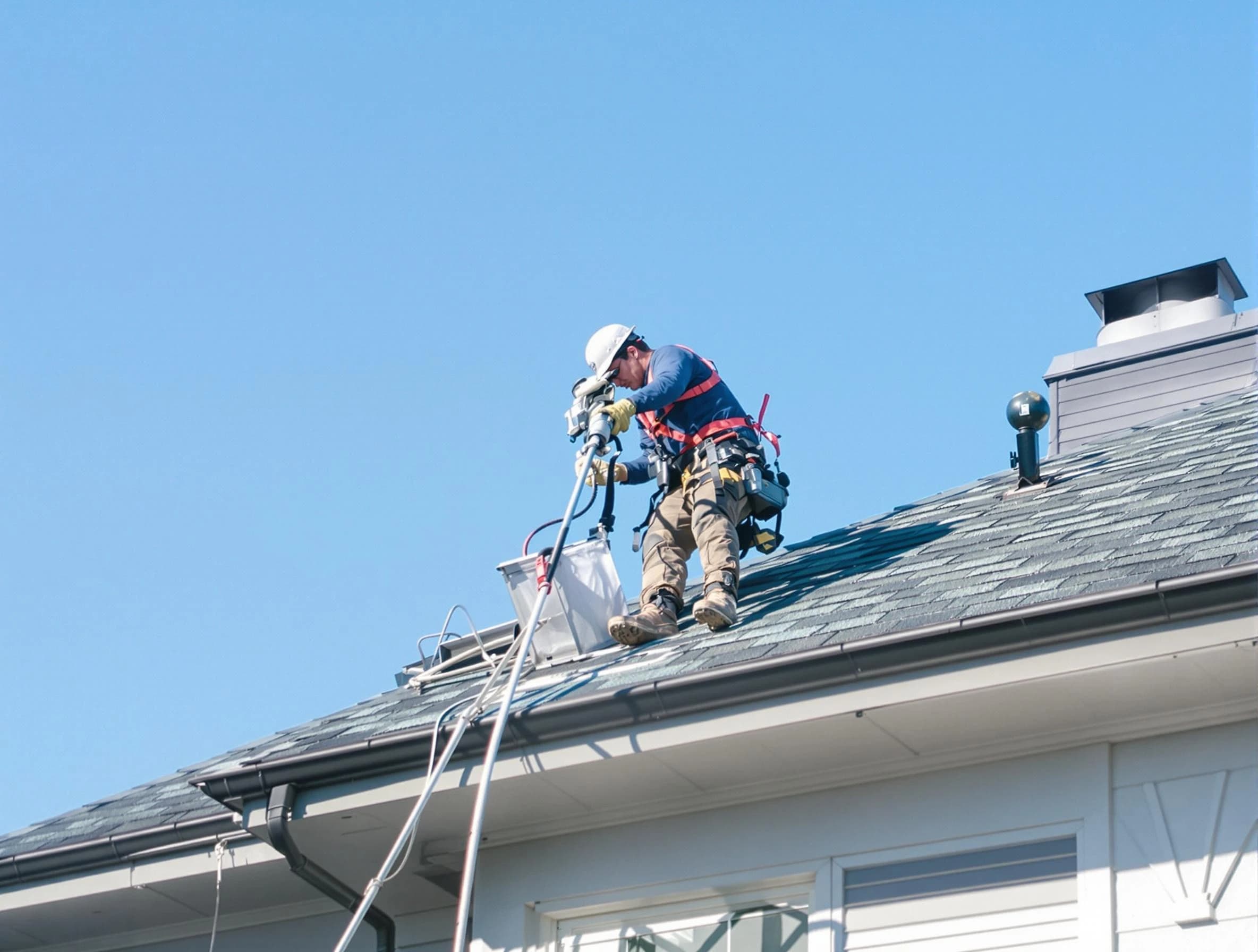 Superior Dryer Vent Cleaning certified technician cleaning a roof-mounted dryer vent system in Superior