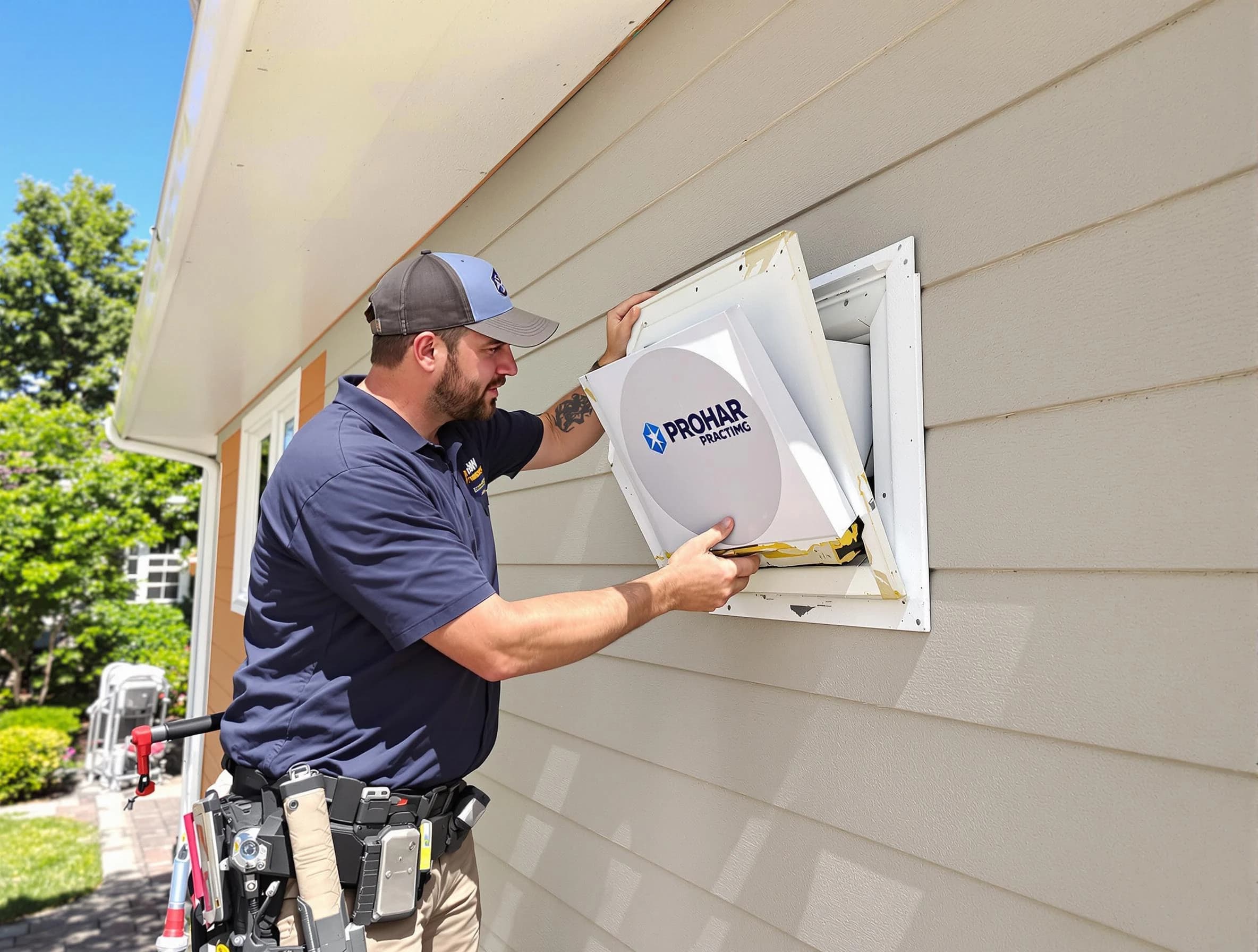Superior Dryer Vent Cleaning technician installing a new protective dryer vent cover on a home in Superior