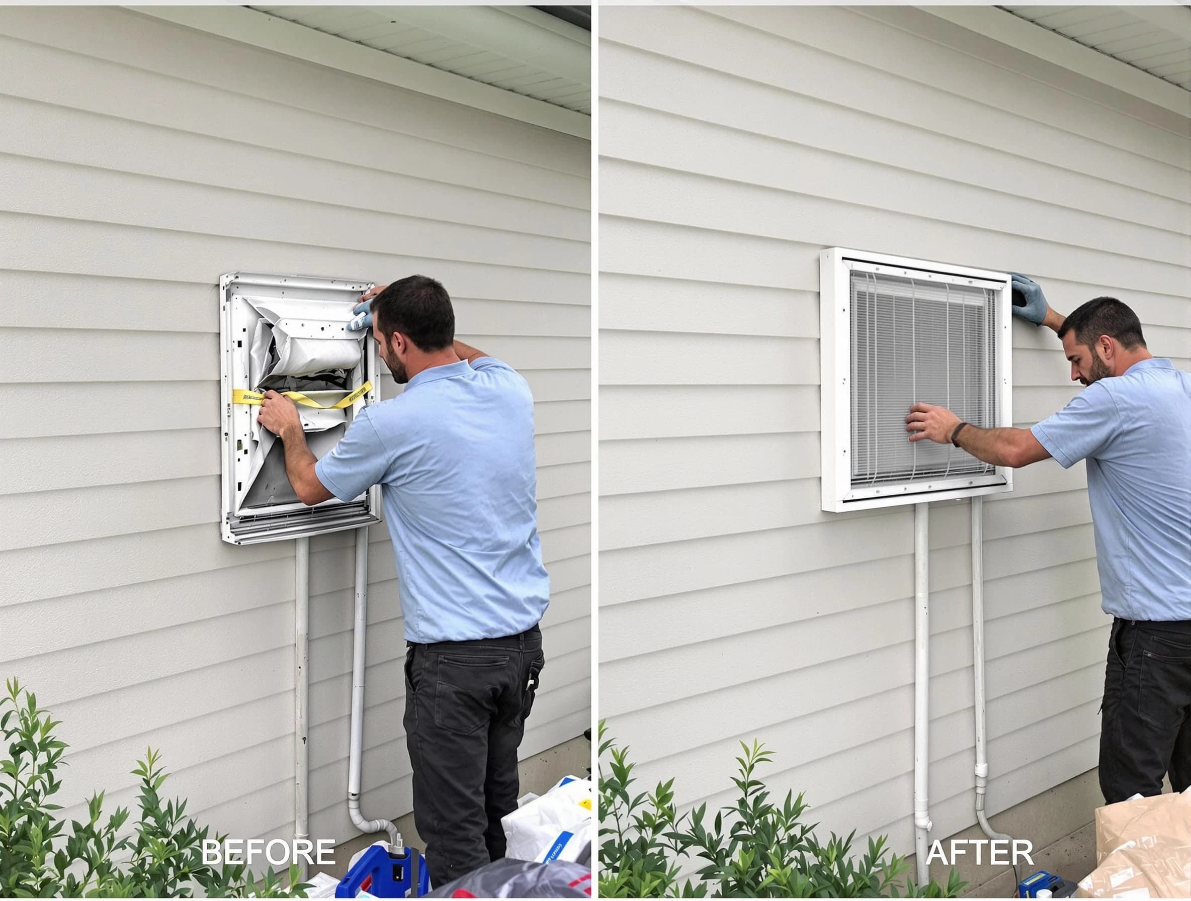 Superior Dryer Vent Cleaning technician installing high-quality dryer vent cover at a residential property in Superior