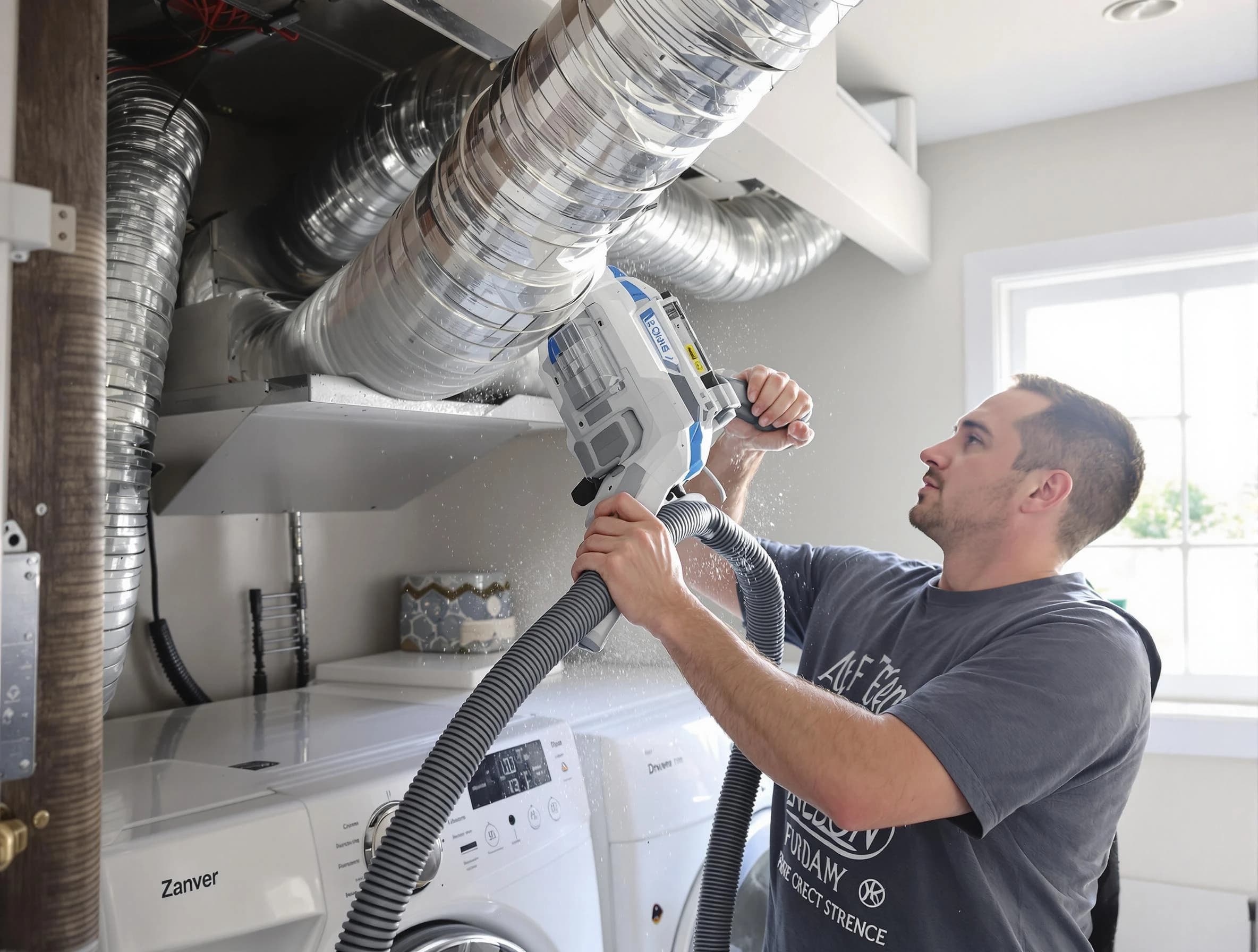 Superior Dryer Vent Cleaning specialist cleaning deep within a dryer vent duct system in Superior